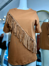 Load image into Gallery viewer, Camila Camel or Black Round Neck Bedazzled FringeS Stretchy Tee