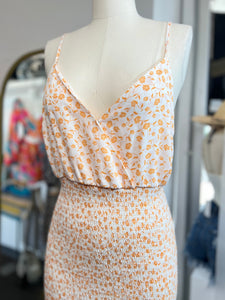 Clearance Orange Floral V Neck Spaghetti Strap Smocked Mini Dress