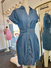 Load image into Gallery viewer, Kendra Button Down Self Tie Denim Short Dress