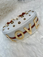 Load image into Gallery viewer, "D" Inspired "LOVE" crescent shaped Gold Studded Vegan Leather  Bag