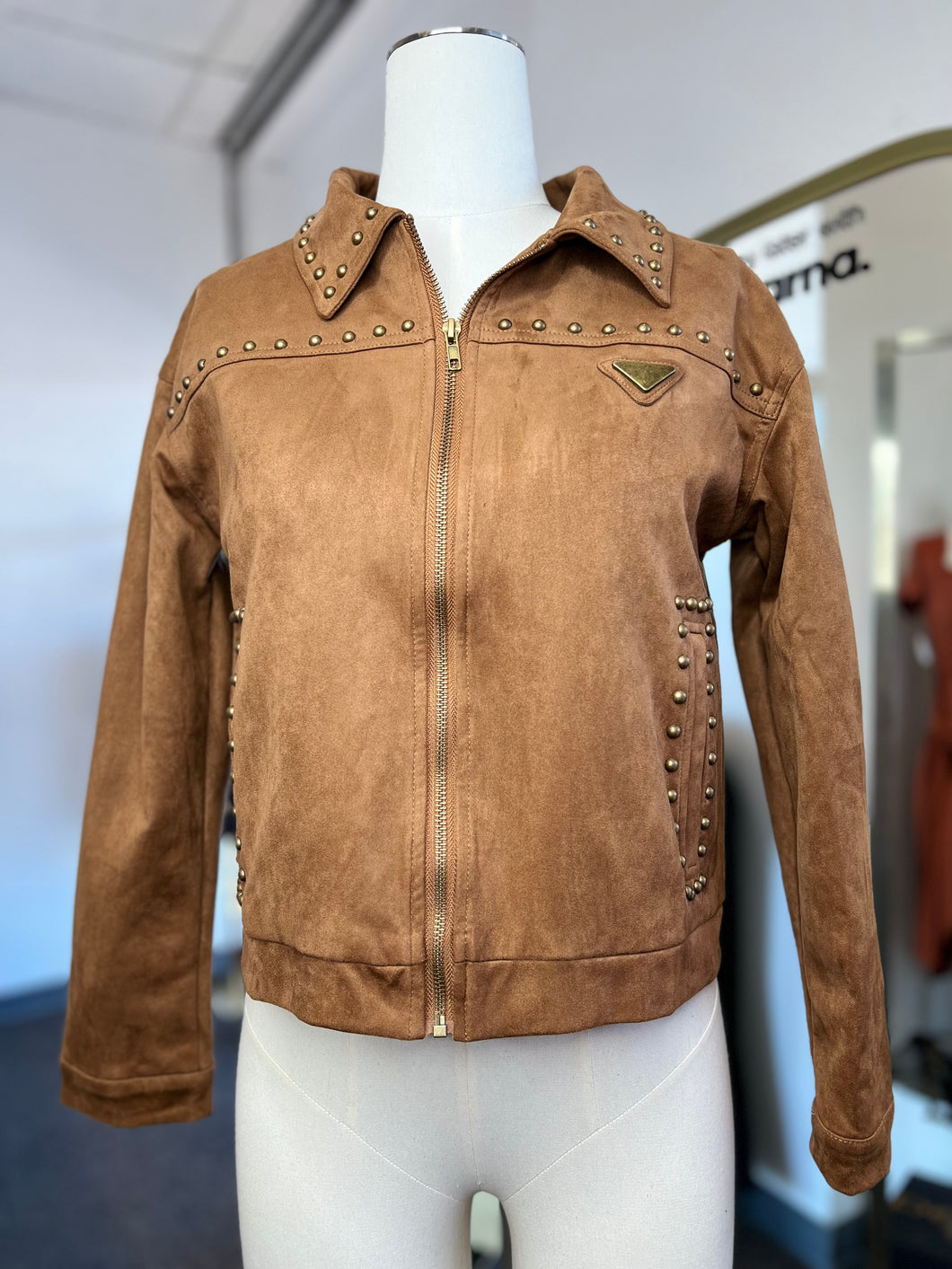 Natalia Brown Suede Collared Gold Embedded Jacket