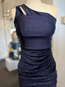 Daniela Navy One Sleeve Shimmery Long Dress