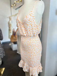 Clearance Orange Floral V Neck Spaghetti Strap Smocked Mini Dress