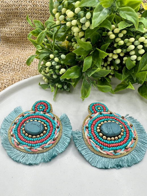 Monica Teal Tassel Beaded Earrings