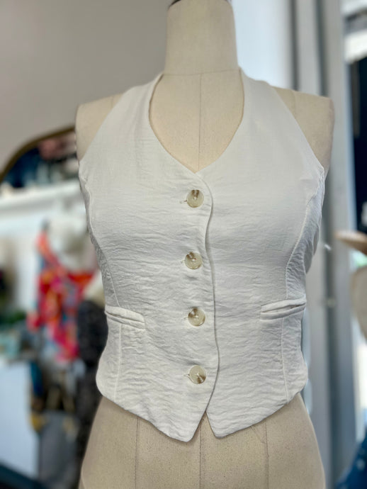 Aurora White or Black Halter Neck Button-Down Vest Top