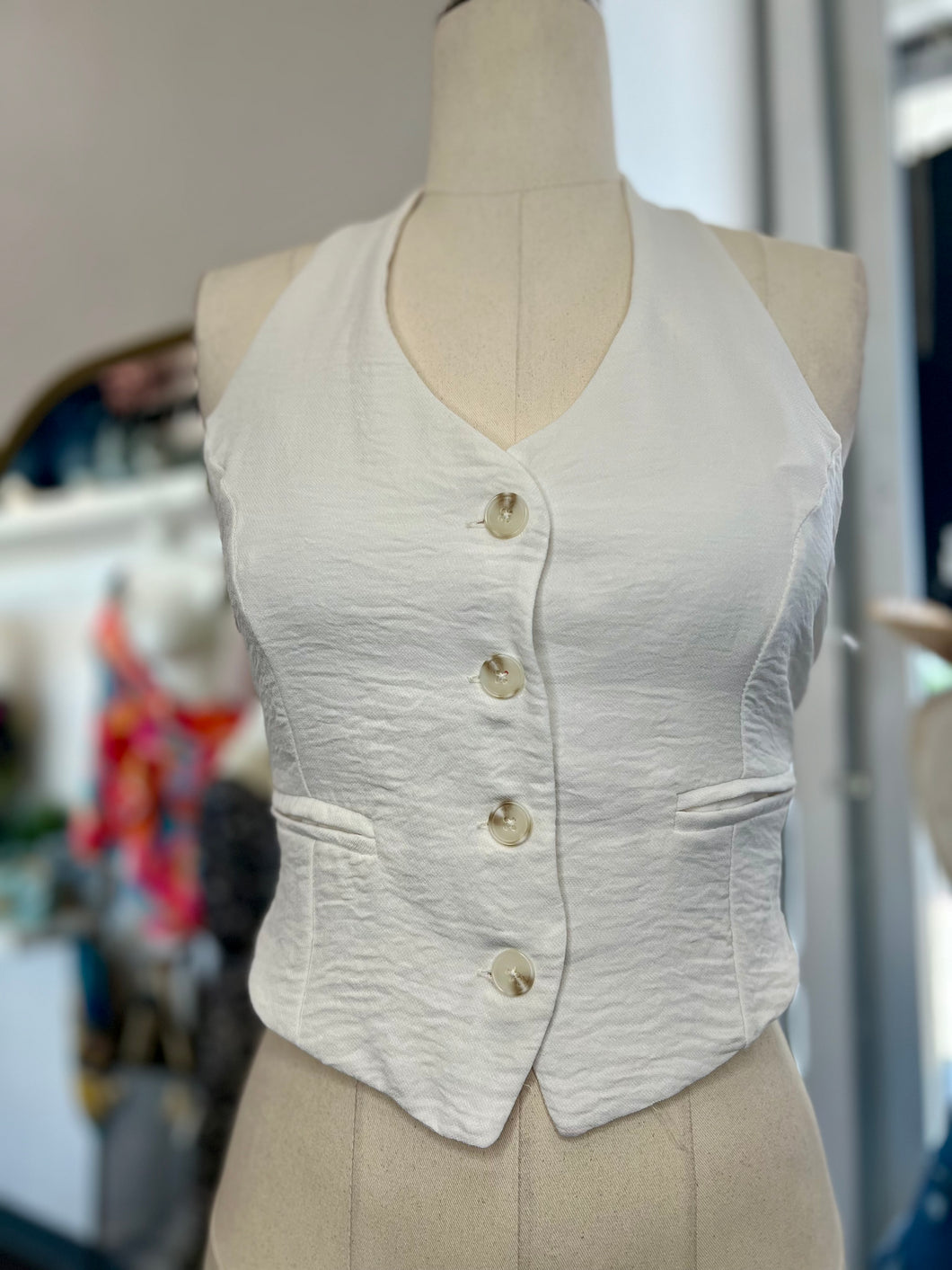 Aurora White or Black Halter Neck Button-Down Vest Top