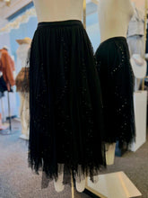 Load image into Gallery viewer, Lizz Embellished Mesh Panel Midi-Skirt Black with Faux Black Pearls