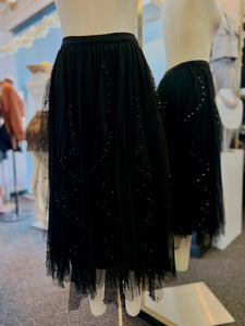 Lizz Embellished Mesh Panel Midi-Skirt Black with Faux Black Pearls