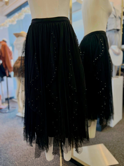 Lizz Embellished Mesh Panel Midi-Skirt Black with Faux Black Pearls