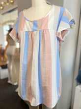 Load image into Gallery viewer, CLEARANCE Abigail Grey Blue Linen Vertical Stripe Ruffle Sleeve Top