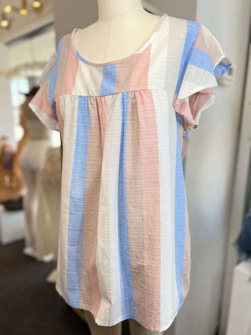 CLEARANCE Abigail Grey Blue Linen Vertical Stripe Ruffle Sleeve Top