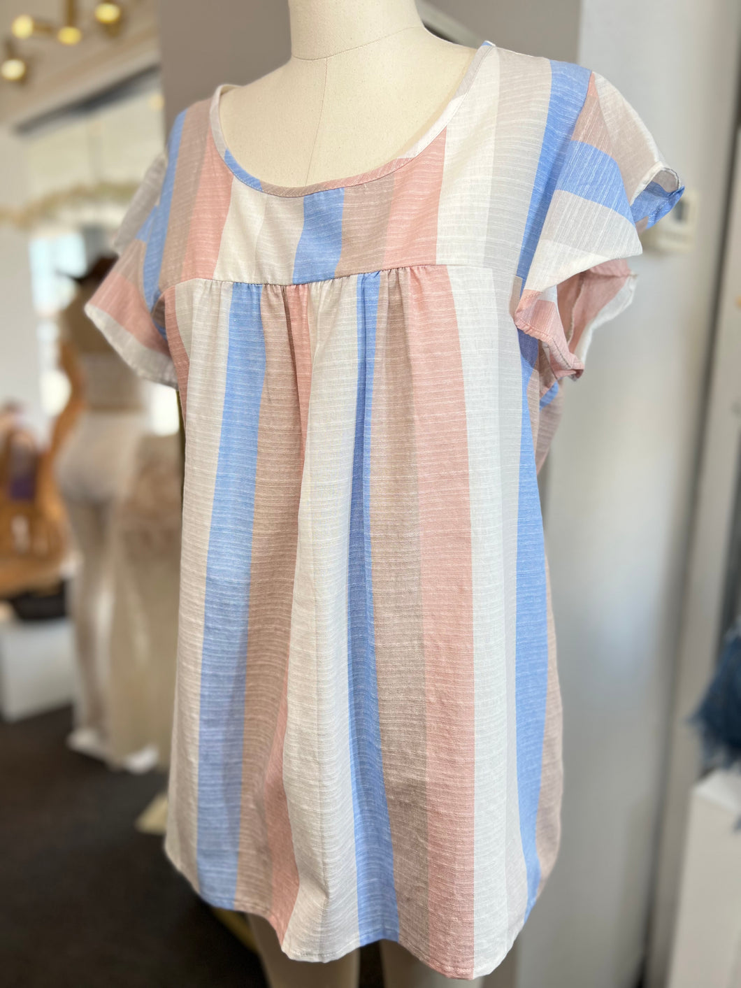 CLEARANCE Abigail Grey Blue Linen Vertical Stripe Ruffle Sleeve Top