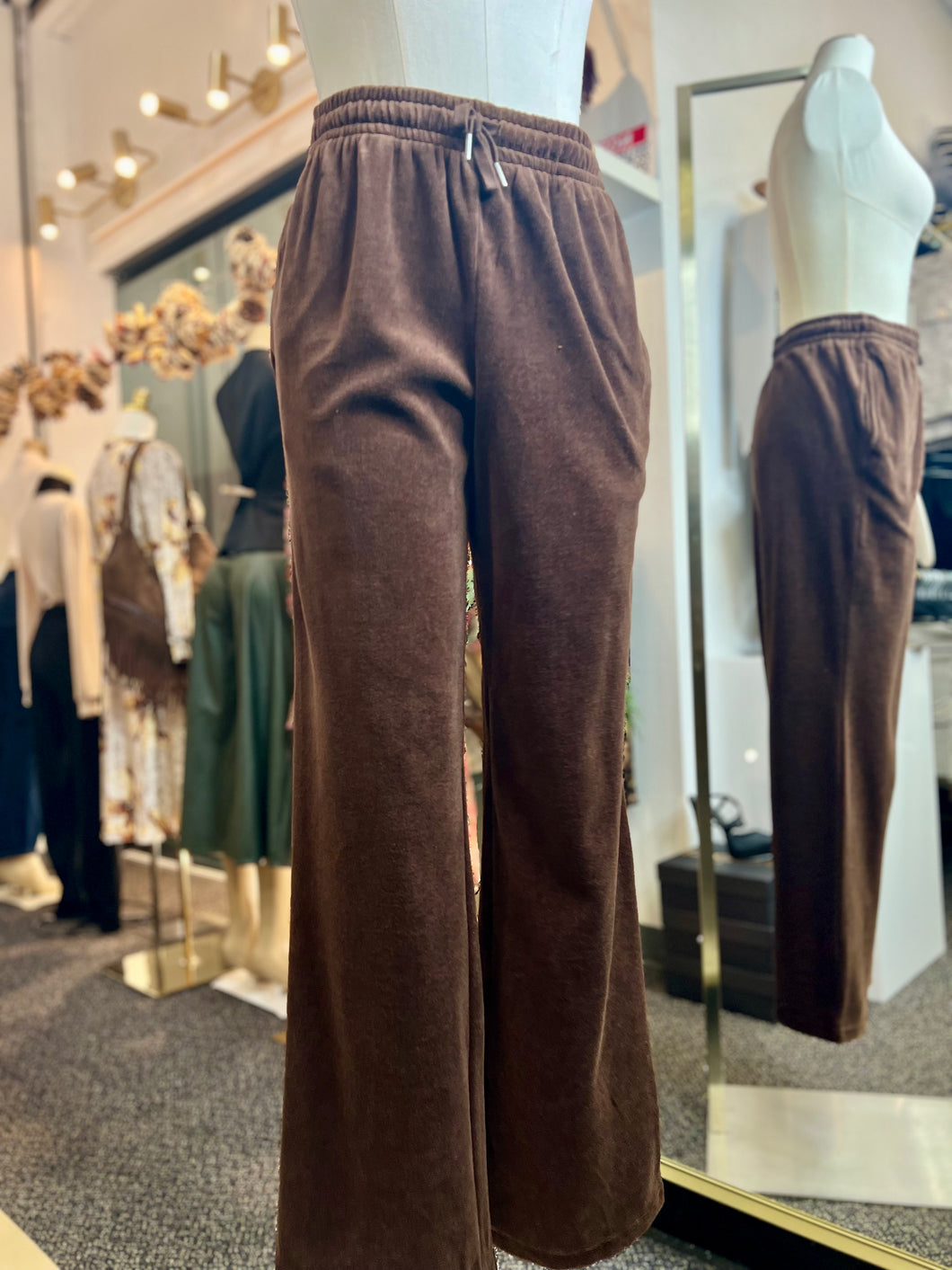 Genevie Brown Elastic Waist Velour Sweatpants