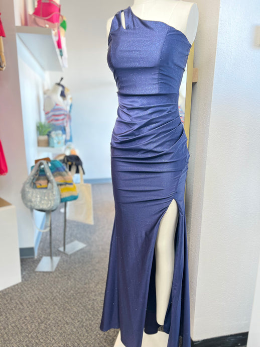 Daniela Navy One Sleeve Shimmery Long Dress