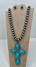 Load image into Gallery viewer, Daria Silver and Aqua Cross Charm Necklace