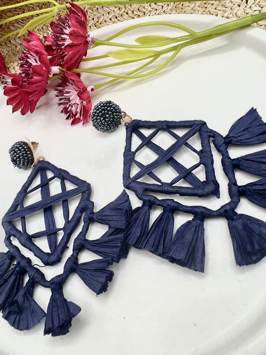 Carolina Navy Blue Raffia Drop Earrings