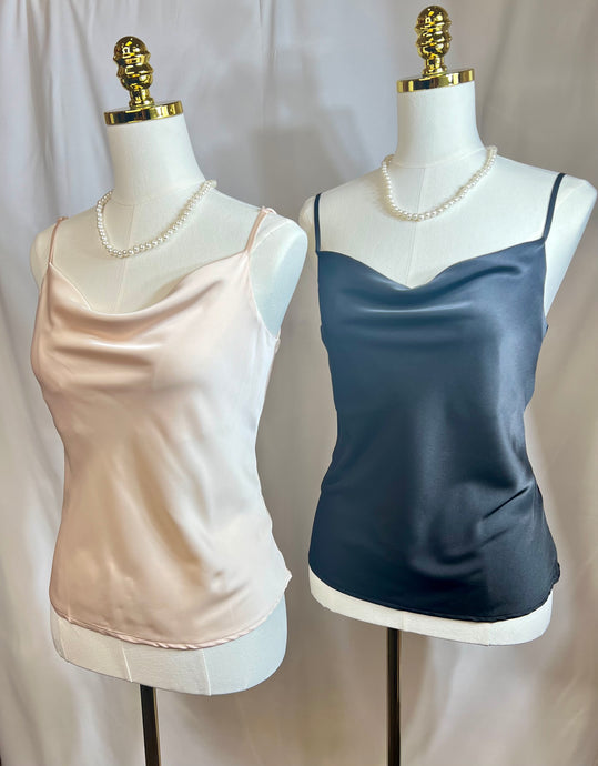 Notorious Allure Cream or Black Satin Cowl Neck Camii Spaghetti Strap Top