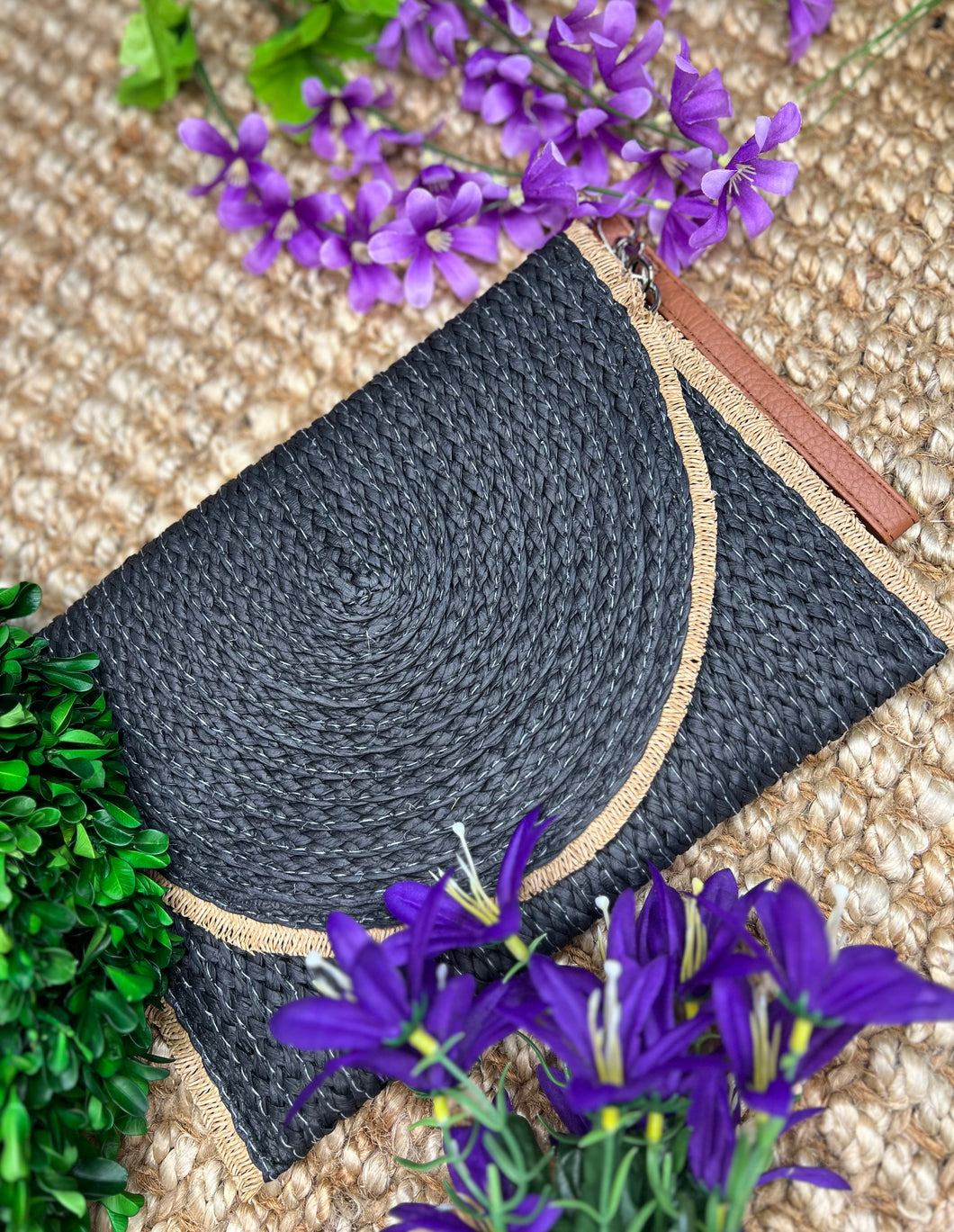 Joselyn Black Raffia Clutch or Crossbody Bag