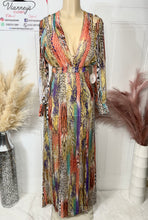 Load image into Gallery viewer, Mily Colorful Animal Print Maxi Dress with Side Slits ad Cute Gold Button Detail