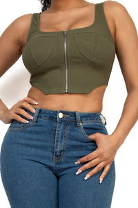 Gilda Olive  Zip Up Square Neck Crop Top
