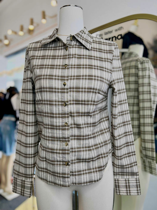 Olivia Olive Plaid Long Sleeve Buttoned-Up Blouse