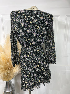 Emily Ditsy Black Floral Long Sleeve Surplice Short Dress