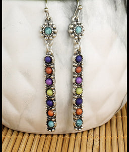 Silver Multi Stone Colorful Bar Dangle Earrings