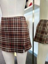 Load image into Gallery viewer, Paris Brown Plaid Slit Front Side Zipper Stretchy Mini Skort