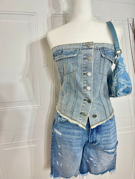 Dina Button Up Stretchy Medium and Dark Denim Tube Top