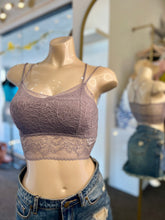 Load image into Gallery viewer, Leslie Black, White, Peach, and Dusty Lavendar Floral Laced Scalloped Bralette