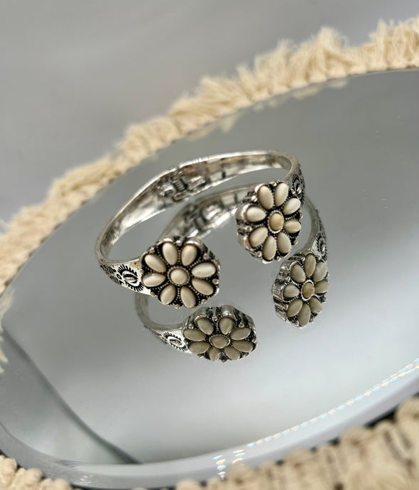 Carlin Silver and White Flower Design Adjustable Cuff Bracelet