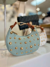 Load image into Gallery viewer, "D" Inspired "LOVE" crescent shaped Gold Studded Vegan Leather  Bag