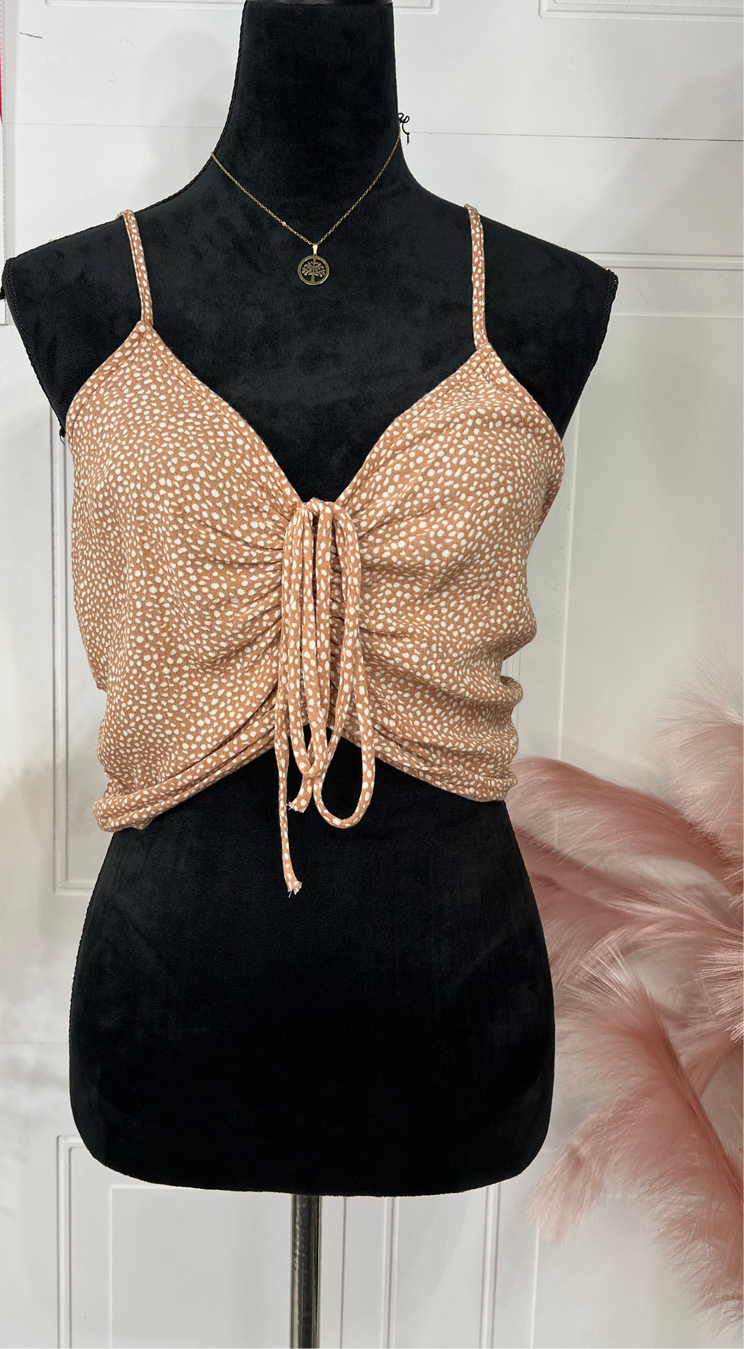 Madison Caramel Spaghetti Strap Smocked Crop Top