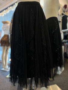 Lizz Embellished Mesh Panel Midi-Skirt Black with Faux Black Pearls