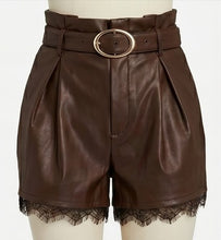 Load image into Gallery viewer, Sienna Lace-Trim Vegan Leather Shorts