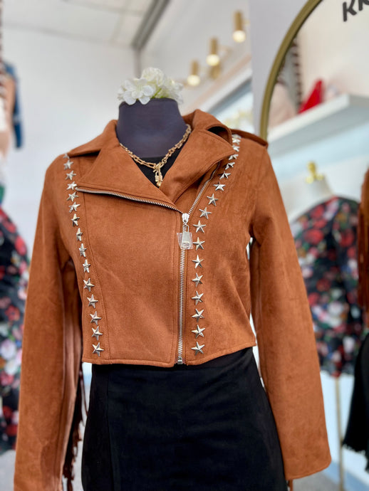 Estrella Camel Suede Zipper Up Stars Design Cowgirl Jacket