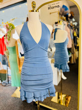 Load image into Gallery viewer, Emery Blue V Neck Mini Adjusted Smocked Dress