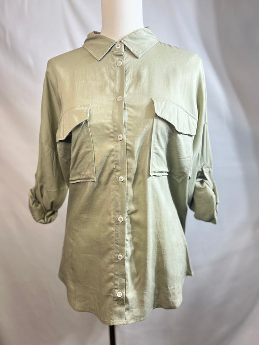 Clarisa Natural or Olive Long Sleeve Linen Button Down Top