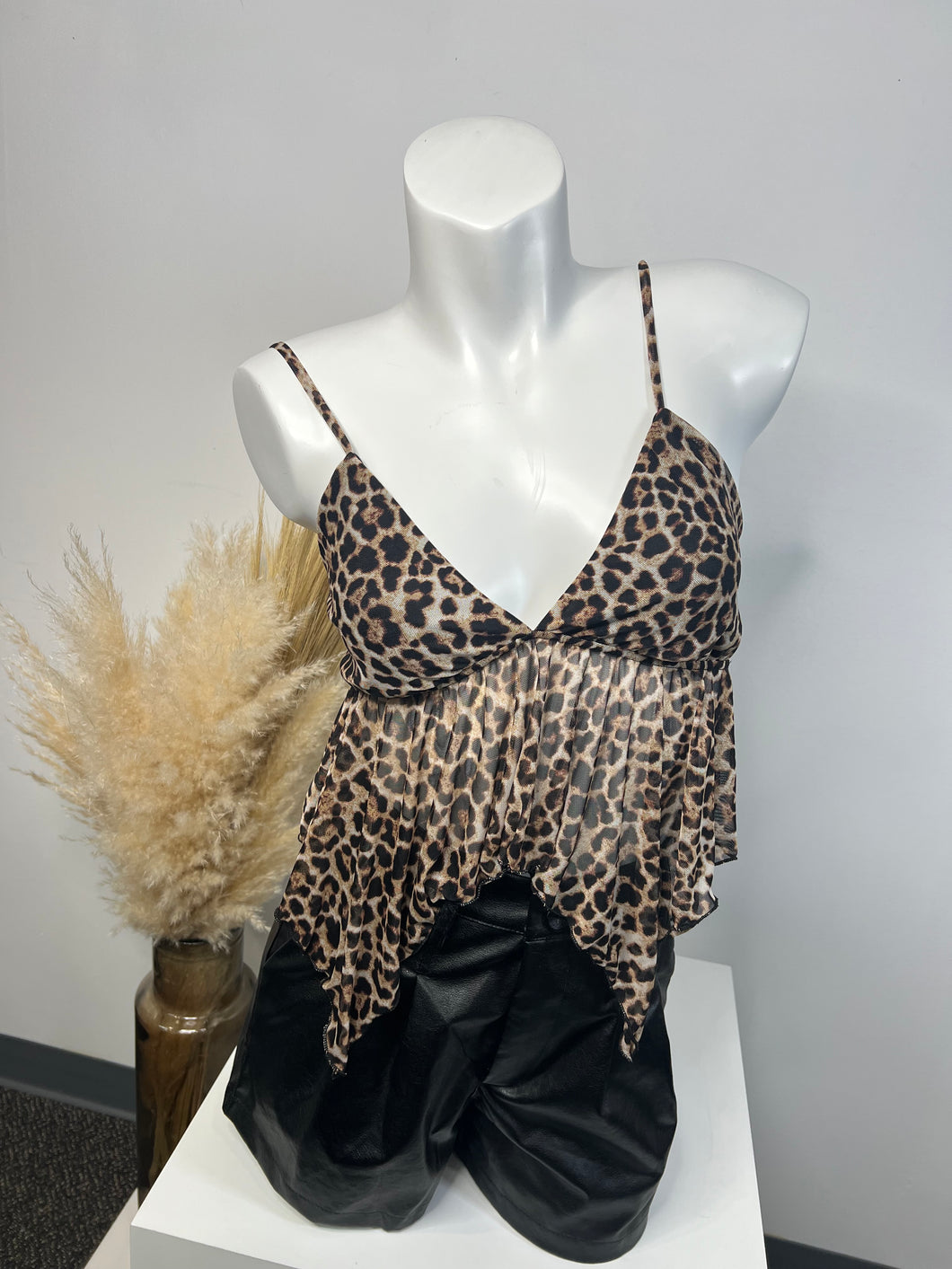Melissa Mesh Split Front Trim Animal Print Cami Crop Top
