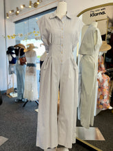 Load image into Gallery viewer, Deidra Striped Button-Down Linen Blend Light Taupe or Light Blue Jumpsuit