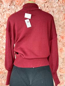 Priscilla Brown Or Red  Puff Sleeves Cinched waist turtleneck.