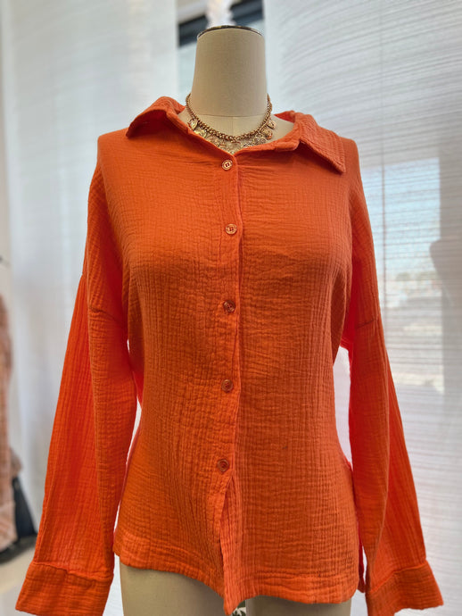 Brandelle Orange or Beige Embossed Texture Buttoned Down Top