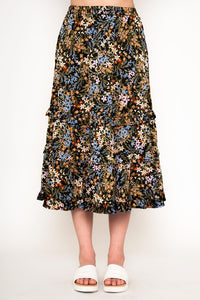 Melanie Floral Ruffle Tiered, Satin Midi Skirt