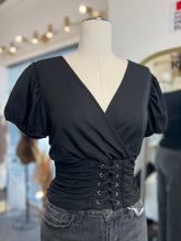 Load image into Gallery viewer, Denisse Black Short Sleeve Smocked Waist Crop Top