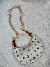 Load image into Gallery viewer, "D" Inspired "LOVE" crescent shaped Gold Studded Vegan Leather  Bag