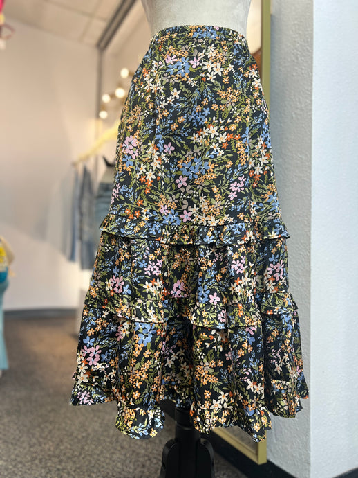 Melanie Floral Ruffle Tiered, Satin Midi Skirt
