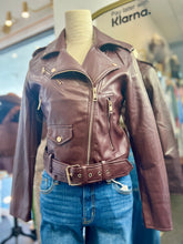 Load image into Gallery viewer, Jennica Belted Fitted Vegan Lather Moto Jacket