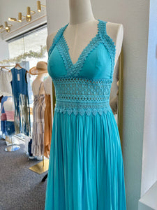 Sabrina Teal Mandle  Crotchet Front Detail V-Neck Maxi Dress