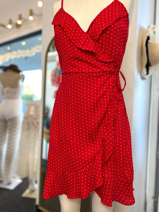 Victoria Red Ivory Polka Dot Wrap Short Dress