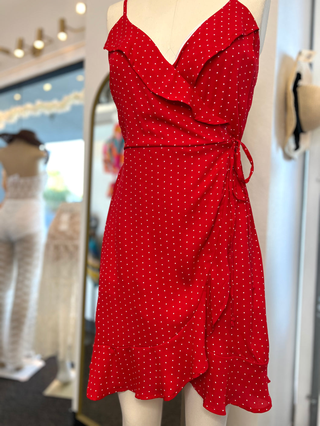 Victoria Red Ivory Polka Dot Wrap Short Dress